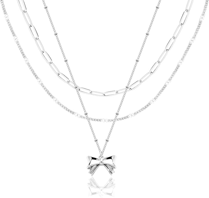 Layered Gold Necklaces for Women, Stackable Dainty 14K Gold Silver Plated Trendy Simple Heart Diamond Cross Bow Circle Pendant Paperclip Choker Dot Chain Necklace,Jewelry Set Gifts for Women