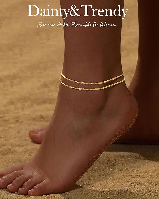 FUNEIA Gold Silver Ankle Bracelets for Women Waterproof 14K Gold Plated Anklets for Women Non Tarnish Dainty Layered Beaded Heart Anklet Set Summer Beach Foot Chain Jewelry Gifts Trendy Stuff