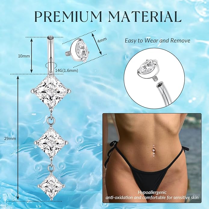GAGABODY G23 Titanium Belly Button Ring Dangle Belly Rings Belly Piercing Jewelry 14G 3/8 inch 10mm Navel Barbell CZ Navel Piercing Ring