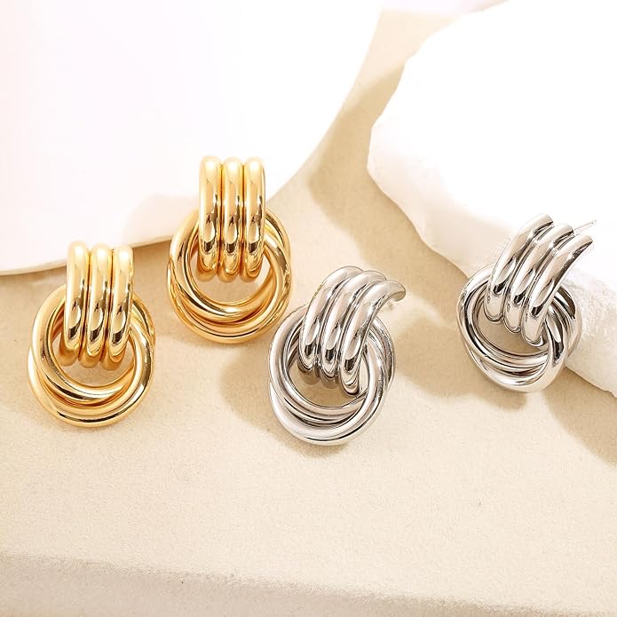 14K Gold Plated Knot Earrings for Women Gold Silver Earrings Heart Link Drop Dangle Earring Chunky Golden Knotted Statement Jewelry
