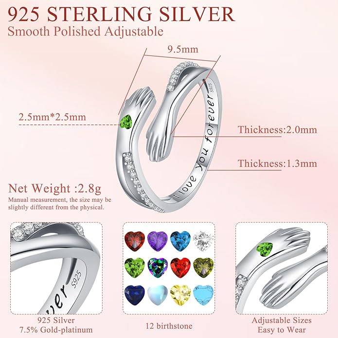 Hug Rings for Women Birthstone Hug Rings 925 Sterling Silver Adjustable Hand Ring Open Jewelry Daughter Gifts From Mom Mother Teens Mother's Day Amavive