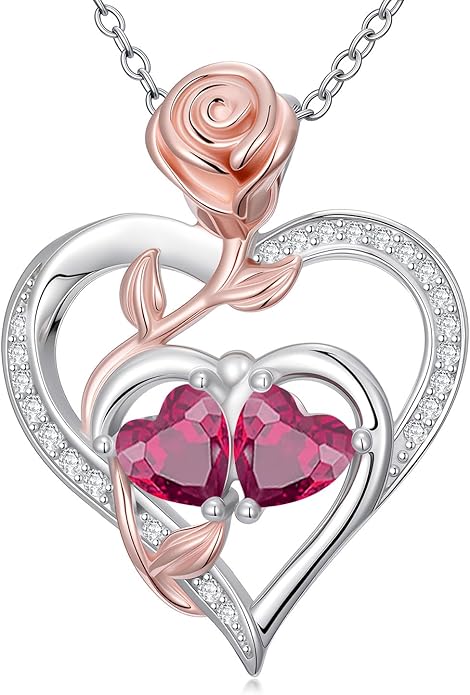Rose Flower Heart Pendant for Women Birthday Gifts 18k Gold Plated Mother Daughter Necklace with 12 Months Birthstone Christmas Valentines Day Gifts for Her Mom Anniversarry Jewelry for Mom Wife Girlfriend