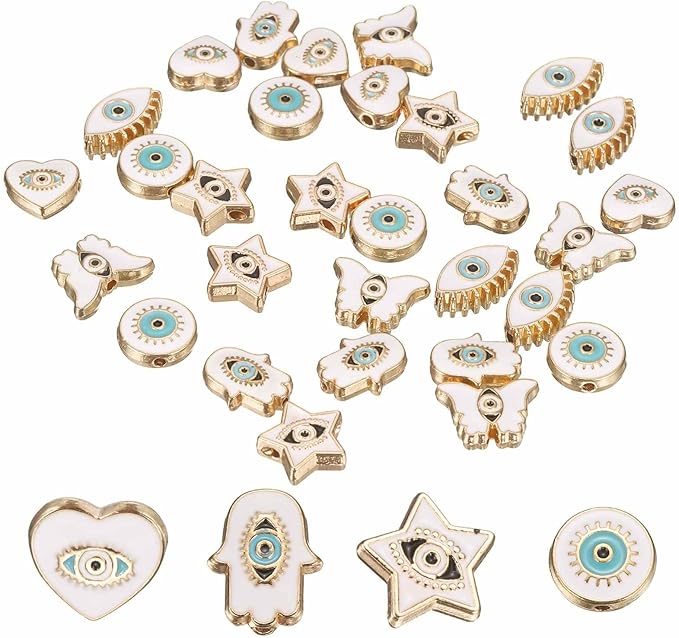 MECCANIXITY 30 Pcs Evil Eye Beads Bulk Colorful Alloy Enamel Loose Spacer Charm Beads for DIY Bracelet Earrings Necklace Crafts Jewelry Making, White