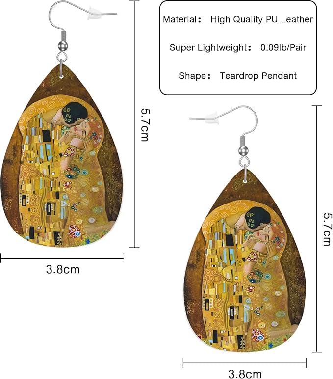 Batik Painting Leather Teardrop Hook Earrings Vintage Abstract Couple Kiss Floral Folk Art Elegant Earrings For Women Friends Dangle Earrings
