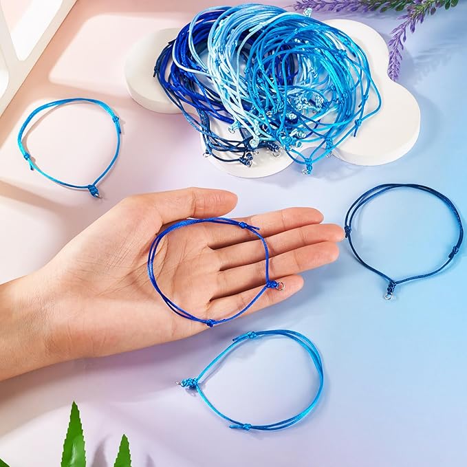 50Pcs Adjustable Braided Cord Colorful Waxed Thread Half Finished Bracelet with Jump Rings Knotting Bracelet Ropes for Wrist DIY Women Jewelry Friendship Bangle Decor 8.5-16cm Long-Blue