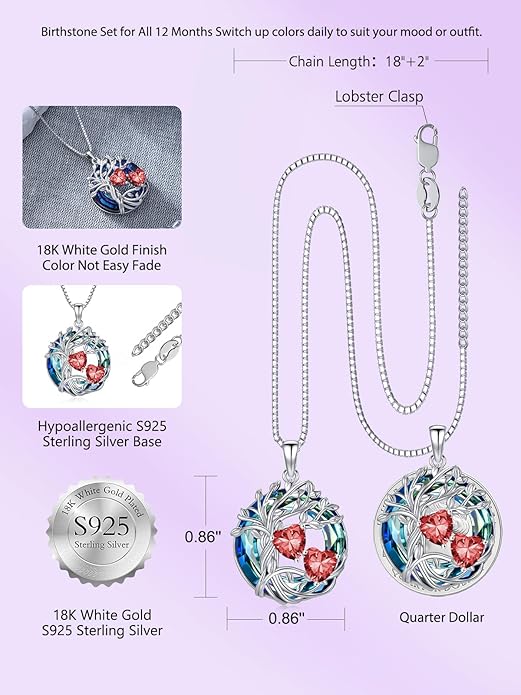 TOUPOP s925 Sterling Silver Family Celtic Tree of Life Pendant Necklaces with 2 Heart Birthstone with Blue Austrian Crystal Jewelry Birthday Valentines Day Gifts for Her, Anniversary Christmas Gifts for Wife Girlfriend Mom (18K Real White Gold Filled)