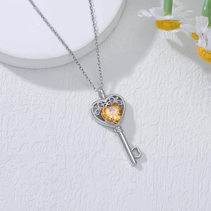 WSX Heart Key Birthstone Necklace for Women 925 Sterling Silver Love Key Pendant with Birthstone Valentine's Day Anniversary Jewelry Gift for Her