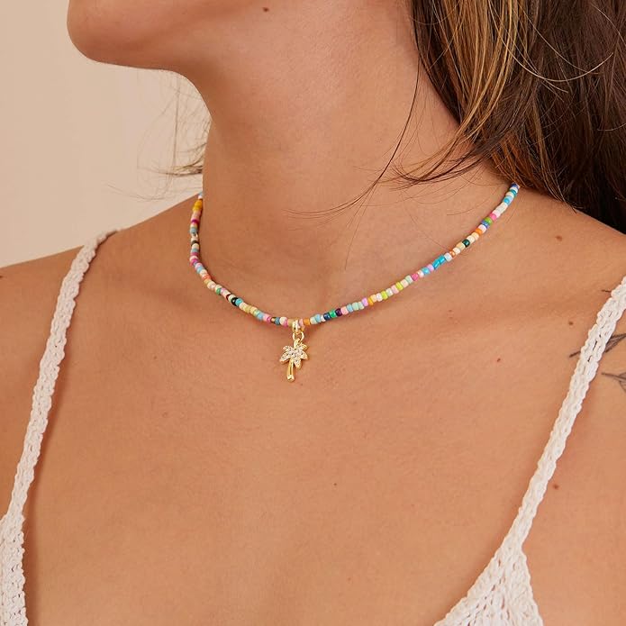 VRIUA Colorful Beaded Necklaces for Women – Summer Beach Boho Starfish, Conch, Shell, Pearl, Palm tree Pendant Necklace Jewelry