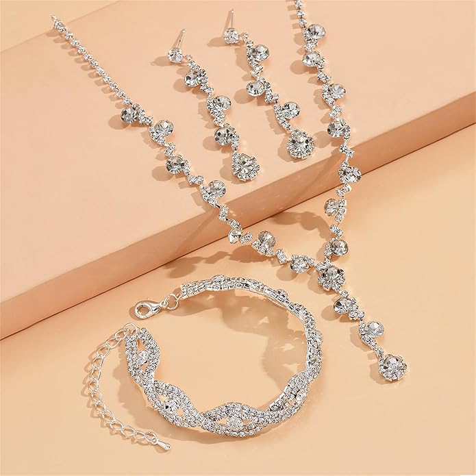 PINK TOWN Vintage Rhinestone Bridal Jewelry Sets,Crystal Wedding Prom Earrings Necklace Bracelet Set Fashion Zircon Bride Jewelry Dress Accessories for Women