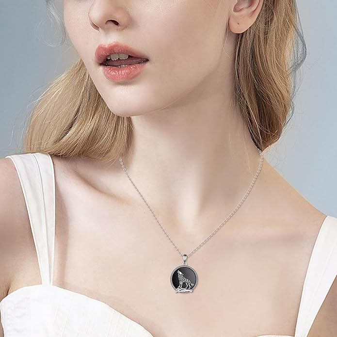 YFN Wolf Necklace Gifts for Men Women Sterling Silver Opal Moon Wolfs Jewelry Birthday 18+2"