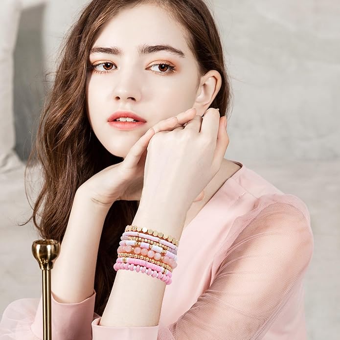 GOOJIDS Surfer Heishi Clay Bead Bracelets for Women Bohemian Stackable Gold Plated Beaded Stretch Bracelets Elastic Layering Friendship Bracelets Set Boho Jewelry