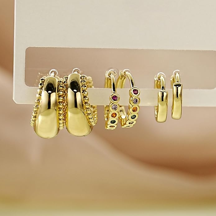 4Pairs Statement Gold Hoop Earrings for Women Trendy,Surgical Steel Gold Plated Hoop Hypoallergenic Earrings Set,Titanium Hoops Earring Stacks,CZ Cartilage Huggie Hoops Earring Gifts for Girlfriend