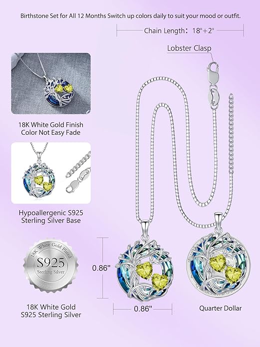TOUPOP s925 Sterling Silver Family Celtic Tree of Life Pendant Necklaces with 2 Heart Birthstone with Blue Austrian Crystal Jewelry Birthday Valentines Day Gifts for Her, Anniversary Christmas Gifts for Wife Girlfriend Mom (18K Real White Gold Filled)