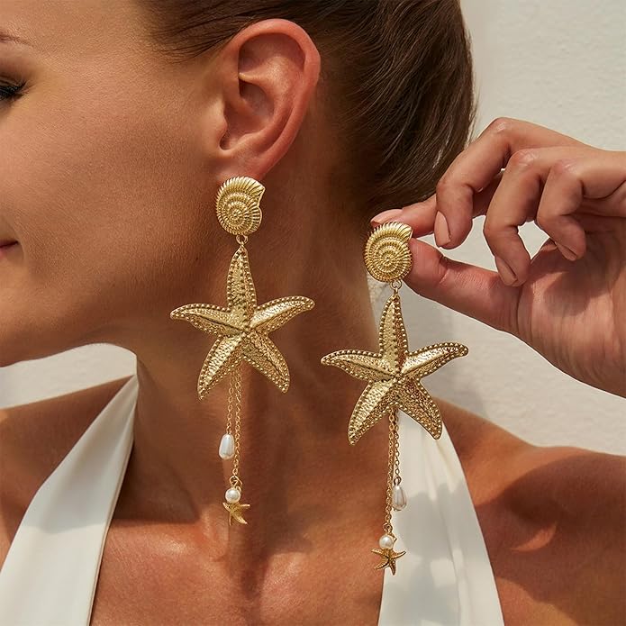 Gold Starfish Earrings for Women Trendy Dainty Starfish Statement Stud Earrings Hypoallergenic Summer Beach Ocean Coastal Jewelry