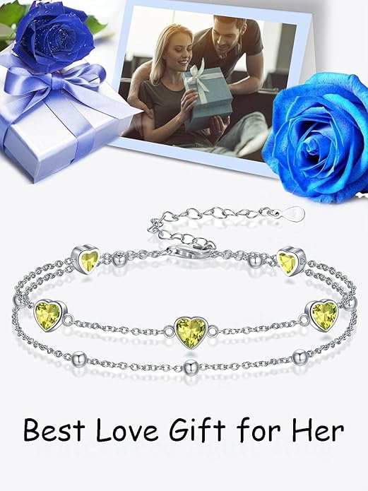 Birthstone Anklet/Bracelets for Women 925 Sterling Silver Charm Link Double Strand Heart Birthstone Jewelry Gift for Wife Women Mother's Day Gift