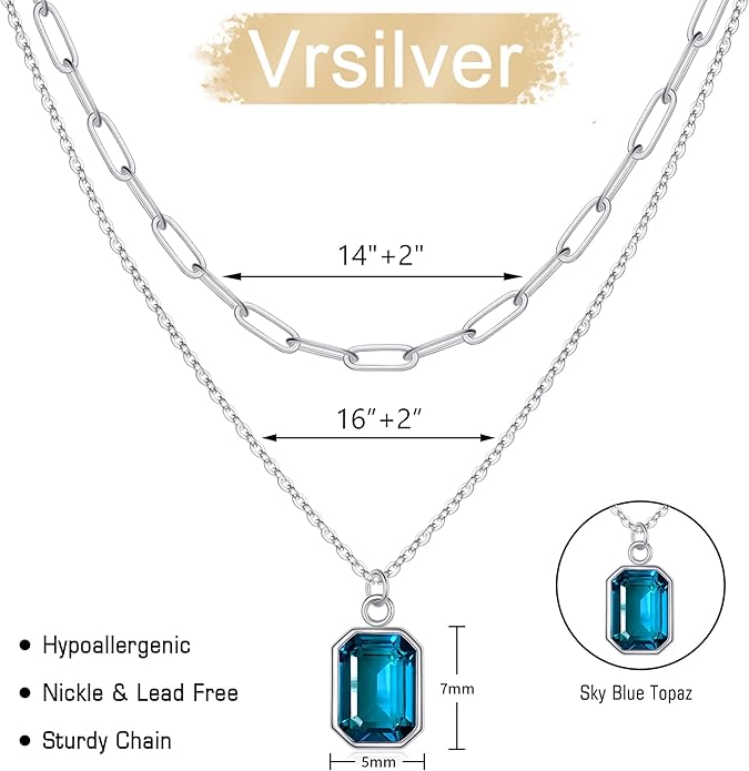 Layered Birthstone Necklace for Women Girls, 14K Gold-Plated Paperclip Chain Choker Necklace with Rectangle Birthstone Pendant Birthday Gifts for Women Girls Dainty Small