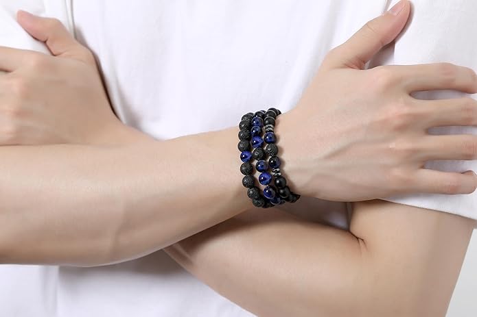 XIANNVXI Natural Stone Beads Bracelet for Men Crystal Bracelets 8MM Tiger Eye Lava Rock Obsidian Beaded Bracelet Set Black/Red/Blue Crystal Beaded Bracelets for Men