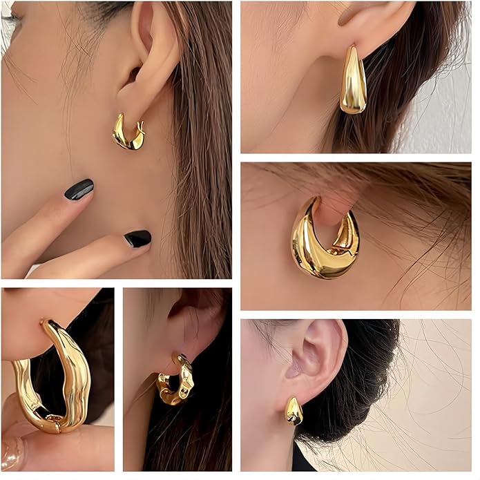 6 Pairs Gold Hoop Earrings Set for Women, 14K Gold Plated Huggie Chunky Earring Variety Pack, Hypoallergenic Thick Jewelry Gift