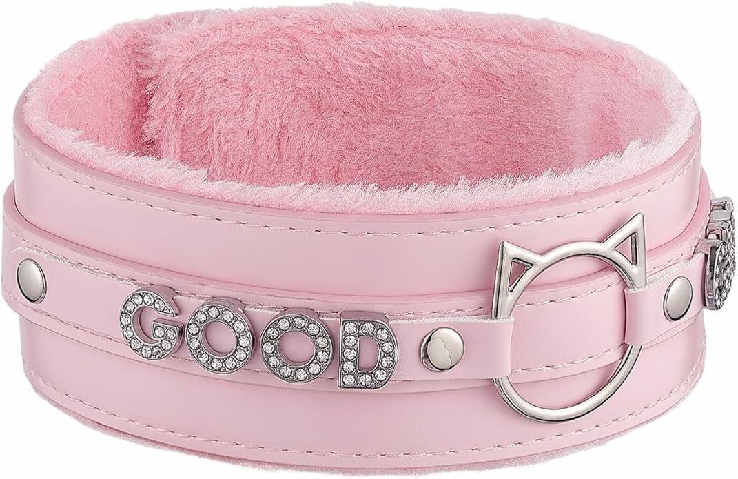 Handmade Collar Choker Necklace for Women – Cat Ear O-Ring Punk Goth Letter Choker,Black/Pink Furry Alt Fashion Jewelry