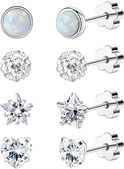 4Pairs 14K Gold Stud Earrings for Women Girls 316L Stainless Steel Hypoallergenic Earrings 20G Flat Back Handmade Nap Earrings Cute Screw Back Opal Heart Star Cartilage Earrings