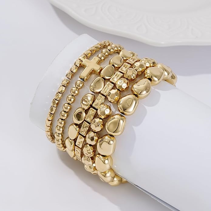 Gold Plated Beaded Bracelets for Women Trendy, 14K Gold Plated Stack Cross Pearl Gold Plated Bead Stretch Bracelets Set Elastic Hypoallergenic Bracelets Jewelry Gifts