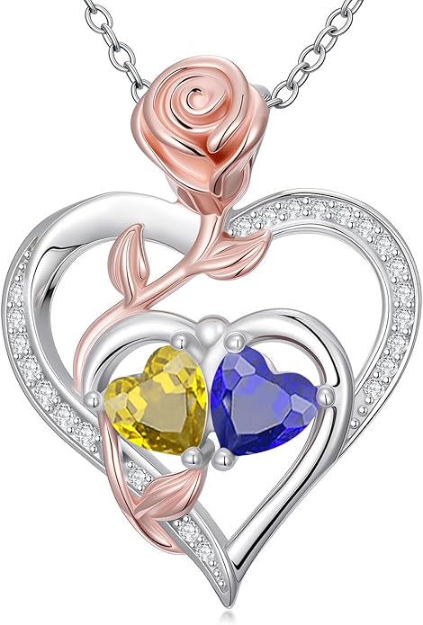 Rose Flower Heart Pendant for Women Birthday Gifts 18k Gold Plated Mother Daughter Necklace with 12 Months Birthstone Christmas Valentines Day Gifts for Her Mom Anniversarry Jewelry for Mom Wife Girlfriend