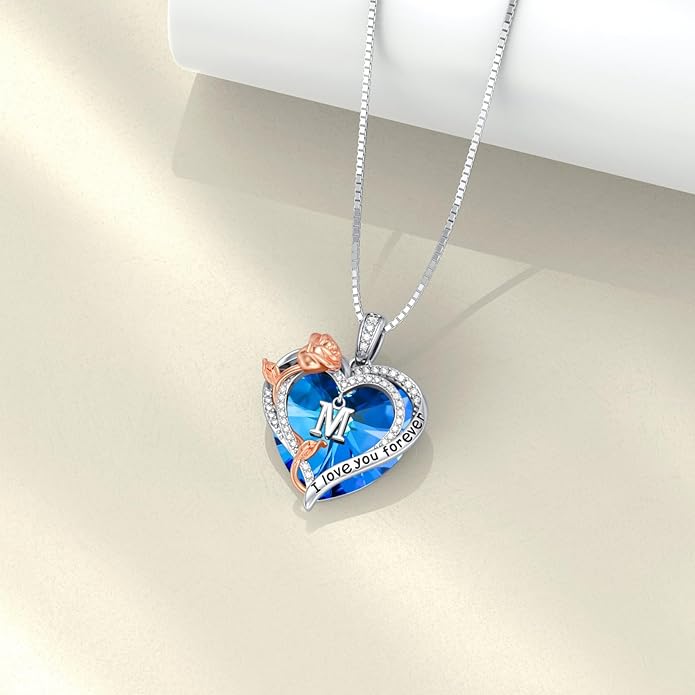 PELOVNY Rose Heart Initial Necklaces for Women S925 Sterling Silver Alphabet Letter Crystal Necklace Initial Pendant Jewelry Gifts for Mom Daughter Wife