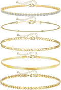 Gold Ankle Bracelets for Women,14k Gold Plated Anklets Waterproof Cuban Link Tennis Herringbone Beaded Chain Anklets Set Layered Anklet Bracelets for Women Adjustable Summer Beach Jewelry 5pcs