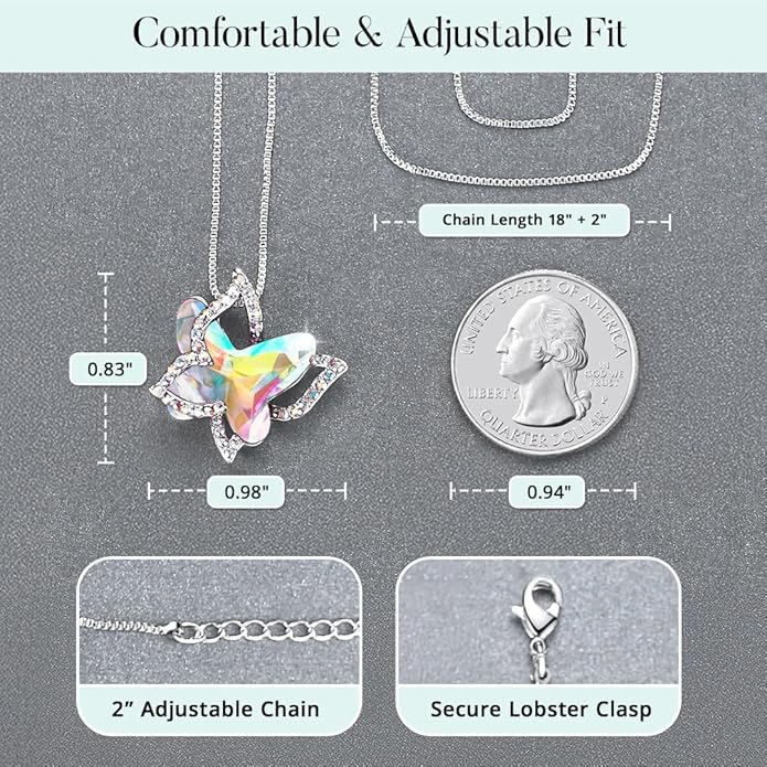 Valentine's Day Gift Butterfly Birthstone Crystal Necklace, Silver Tone with 18”+2” Chain, Necklace for Mother’s Day Anniversary Birthday Gifts for Women and Daughter