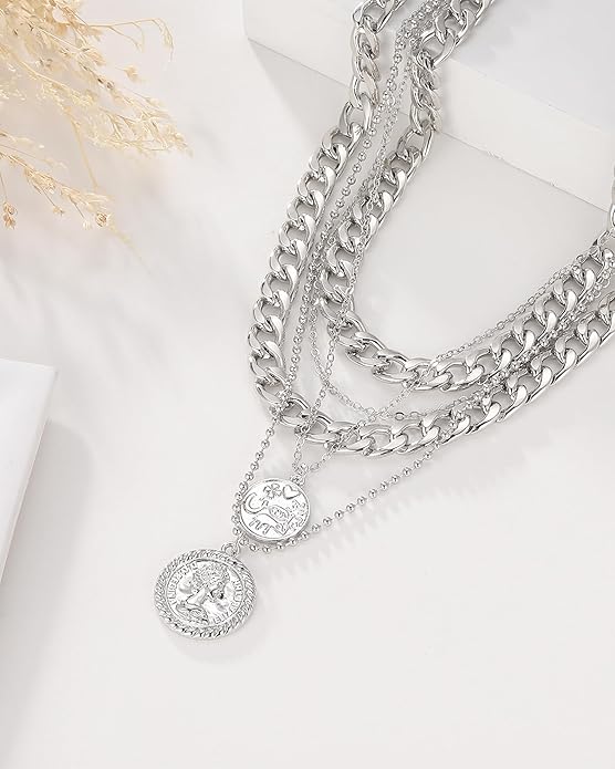 MJartoria Layered Necklaces for Women Trendy Retro Coin Pendant Necklace Dainty Chunky Chain Necklaces for Jewelry Birthday Gifts