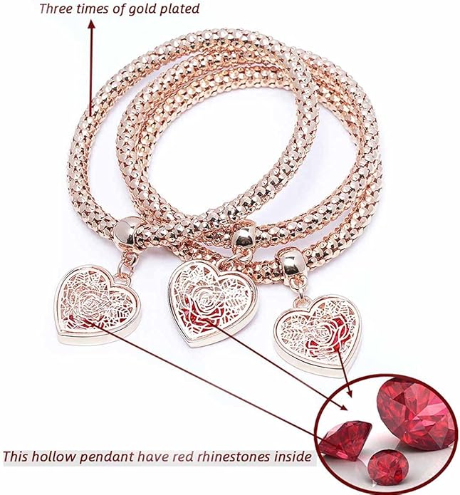 Crystal Charms Multilayer Bracelets - 3PCS Gold/Silver/Rose Gold Corn Chain Bracelet for Women, Tree of Life Heart Shaped Stretch Bracelet