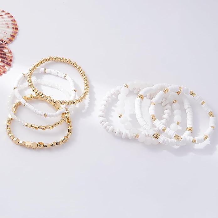GOOJIDS Surfer Heishi Clay Bead Bracelets for Women Bohemian Stackable Gold Plated Beaded Stretch Bracelets Elastic Layering Friendship Bracelets Set Boho Jewelry