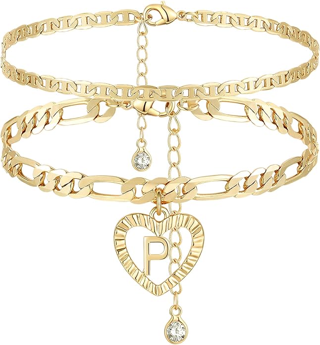 YANODA Initial Ankle Bracelets for Women 14K Gold Plated Layered Figaro Chain Letter Initial Anklets Handmade Layered Heart Ankle Bracelets Personalized Jewelry for Women
