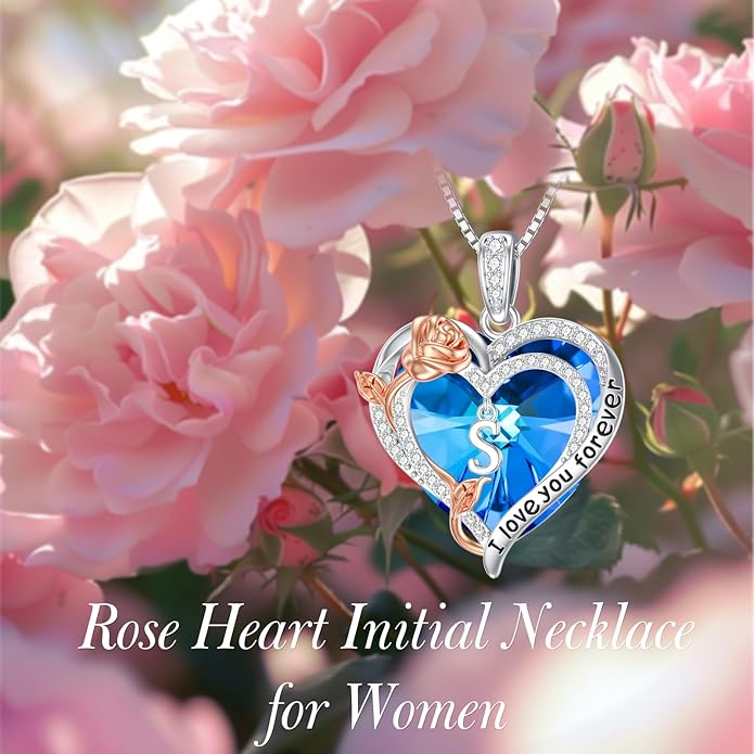 PELOVNY Rose Heart Initial Necklaces for Women S925 Sterling Silver Alphabet Letter Crystal Necklace Initial Pendant Jewelry Gifts for Mom Daughter Wife