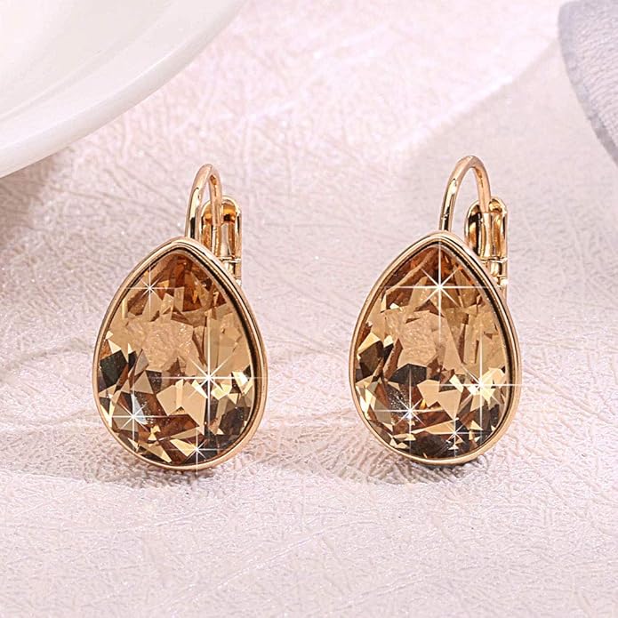 Teardrop Austrian Crystal Leverback Drop Earrings for Women 14K Rose Gold Plated Hypoallergenic Jewelry
