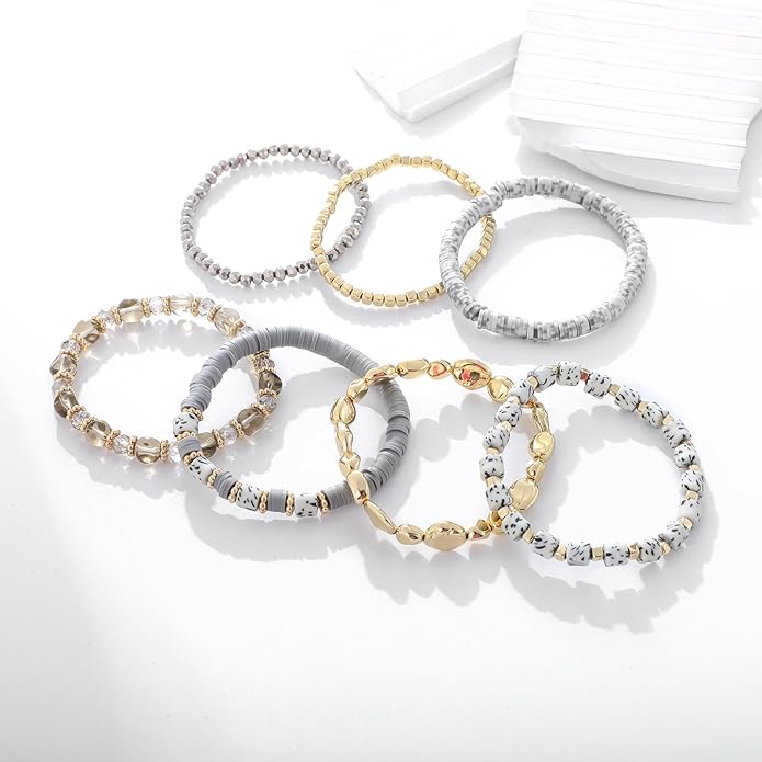 GOOJIDS Surfer Heishi Clay Bead Bracelets for Women Bohemian Stackable Gold Plated Beaded Stretch Bracelets Elastic Layering Friendship Bracelets Set Boho Jewelry