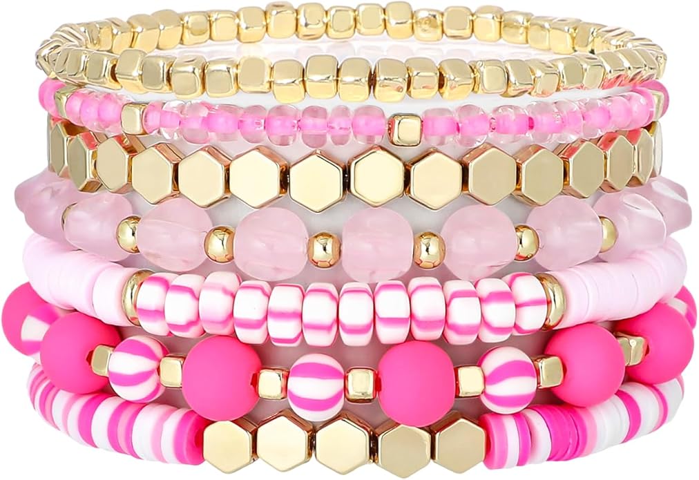 GOOJIDS Surfer Heishi Clay Bead Bracelets for Women Bohemian Stackable Gold Plated Beaded Stretch Bracelets Elastic Layering Friendship Bracelets Set Boho Jewelry