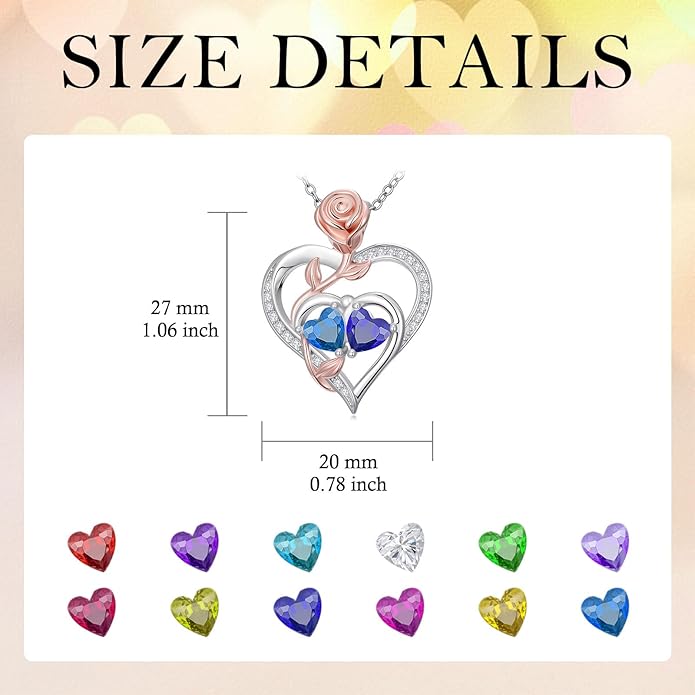 Rose Flower Heart Pendant for Women Birthday Gifts 18k Gold Plated Mother Daughter Necklace with 12 Months Birthstone Christmas Valentines Day Gifts for Her Mom Anniversarry Jewelry for Mom Wife Girlfriend