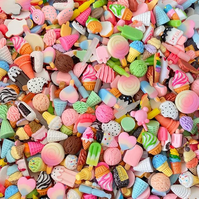 Ulalaza 100pcs Cute Slime Charms Mixed Set Resin Flatback for DIY Craft Making Ornament Scrapbooking Beads Assorted Candy Fruit Cake Trellis