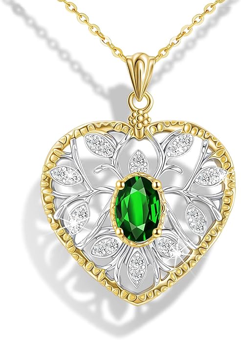 Raneecoco Natural Gemstone Necklace for Women 18K Gold Plated Sterling Silver Two-Tone Tree of Life & Love Heart Pendant Jewelry | Dainty Birthstone Gift For Her Mother Wife
