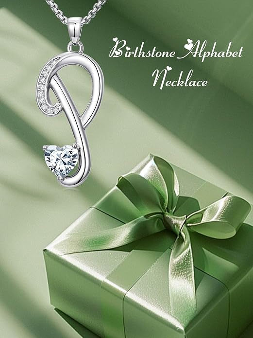 Valentines Day Gifts for Women Alphabet A to Z Initial Birthstone Pendant Necklaces for Women - 18k White Gold Plated Personalized Name Jewelry Valentine Mothers Day Birthday Gifts for Women Her Girlfriend