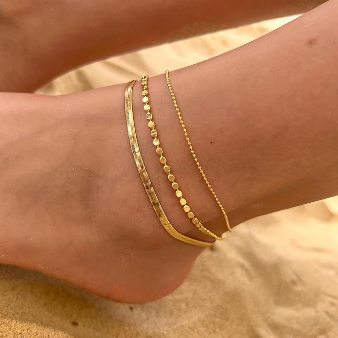 Risamil 14K Gold Plated Ankle Bracelets for Women, Anklets for Women Waterproof Layered Ankle Bracelets for Women Teen Girl Herringbone Anklet Set Summer Foot Jewelry Gifts