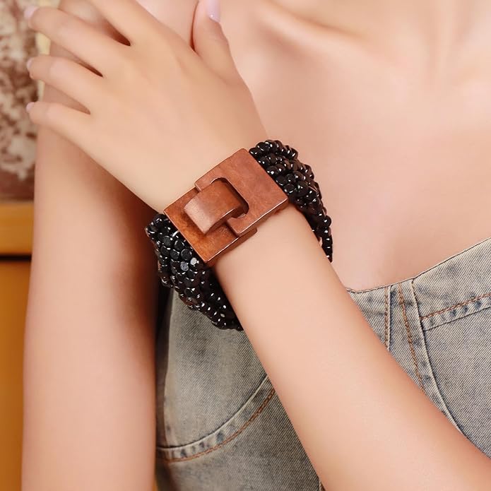 Coiris Boho Bangle Bracelets for Women Wooden Beaded Bracelets Chunky Bohemian Beach Bracelets Jewelry for Women
