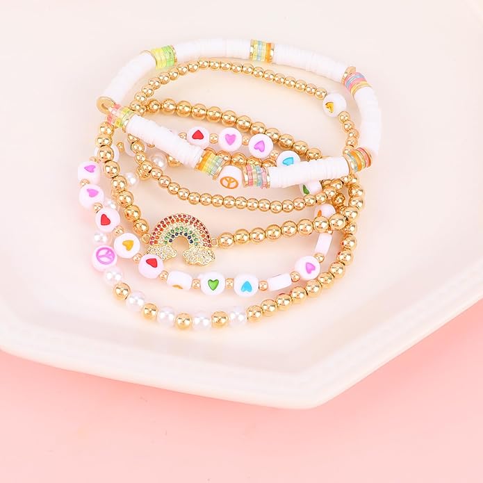 Bohemian Colorful Beaded Bracelets for Women Boho Stackable Natural Stone Letter Clay Glass Beads Stretch Bracelet Set with Charm, Cute Rainbow Friendship Bracelets for Summer Vacation