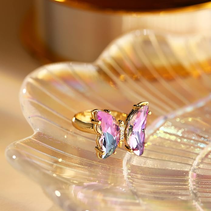MISS RIGHT Butterfly Crystal Jewelry Set with Butterfly Necklace Stud Earrings Bolo Bracelet Adjustable Ring for Women Trendy, Iridescent Y2K Dainty Butterfly Jewelry Gifts