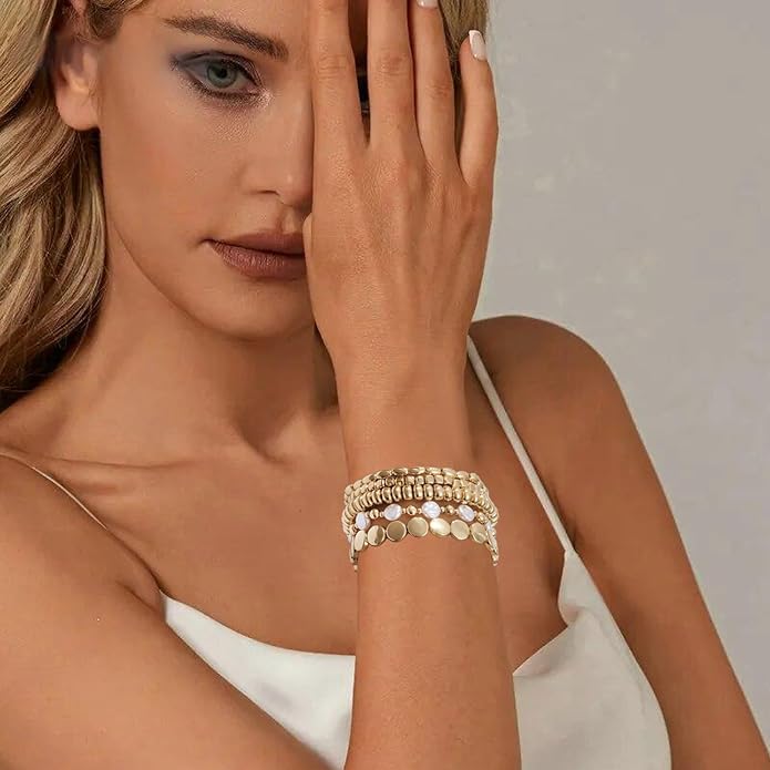 Gold Plated Beaded Bracelets for Women Trendy, 14K Gold Plated Stack Cross Pearl Gold Plated Bead Stretch Bracelets Set Elastic Hypoallergenic Bracelets Jewelry Gifts
