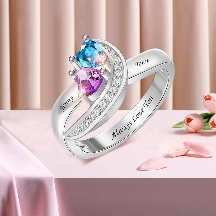 Personalized Heart Birthstone Rings for Women with 2 Birthstones Custom Name Rings for Couple Mother Daughter Jewelry Gift for Mother Her Christmas