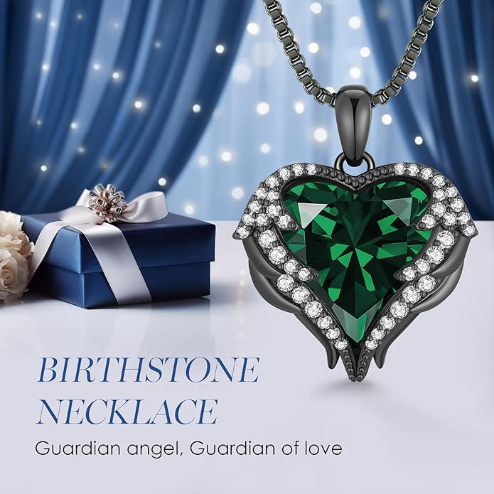 CDE Valentines Day Gifts for Women Angel Wings Necklace for Women with Birthstone, Love Heart Silver Tone/Gold Tone Pendant, Ideal Anniversary or Birthday Jewelry Gifts for Wife Girlfriend Her