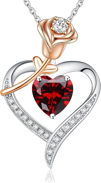 immobird Rose Gold Heart Necklace Birthstone Jewelry Sterling Silver Jewelry Plated White Gold Valentine's Day Gift Women for Wife Mom Necklace for Women