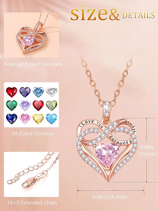 Infinity Rose Gold Valentines Heart Birthstone Necklace for Women,I Love You Always and Forever Jewelry,Valentines Anniversary Birthday Gifts for Her Wife Mom Grandma Daughter